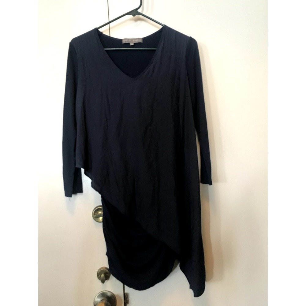Anthro LOLA & SOPHIE Draped Cowl Neck Asymmetrical Shirt Top Navy Ruched M